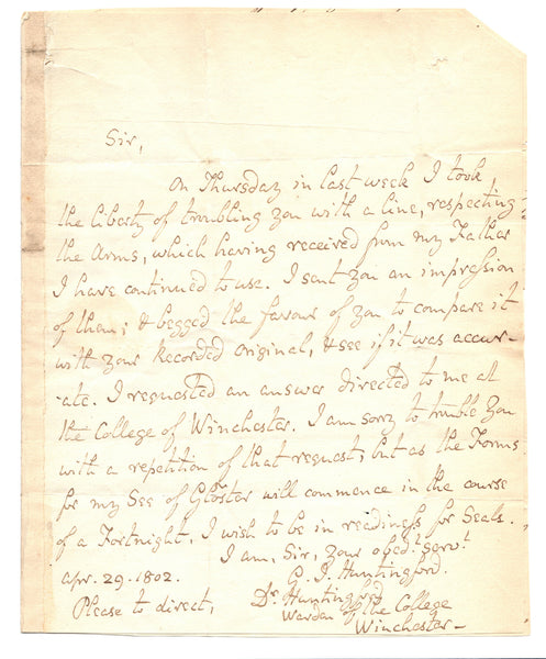 A letter dated 29 April 1802 from Warden Huntingford