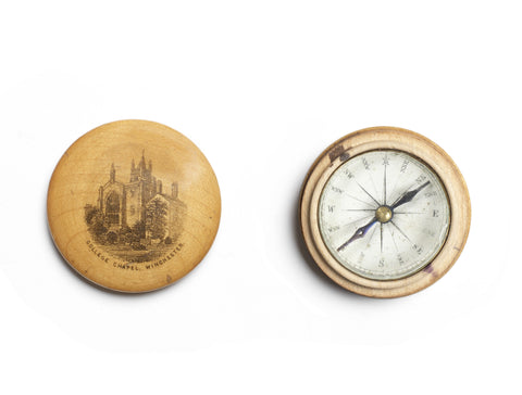 A late 19th Century Mauchline ware compass depicting Winchester College