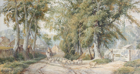 A Shepherd and his flock on a country lane, Joseph Charles Reed (1822 - 1877)