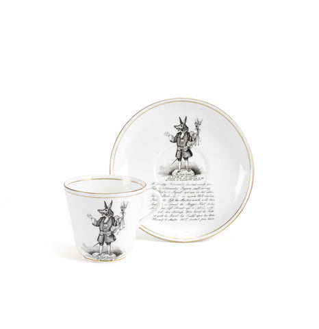 A porcelain cup and saucer by Charles Ford depicting the Trusty Servant, circa 1880