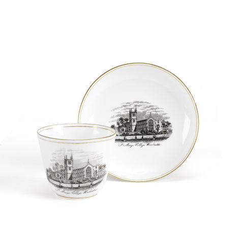 A porcelain cup and saucer by Charles Ford depicting Winchester College, circa 1880
