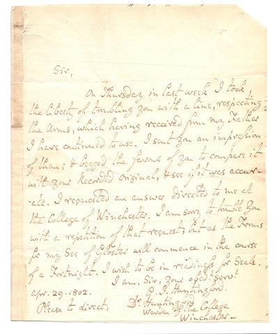 A letter dated 29 April 1802 from Warden Huntingford