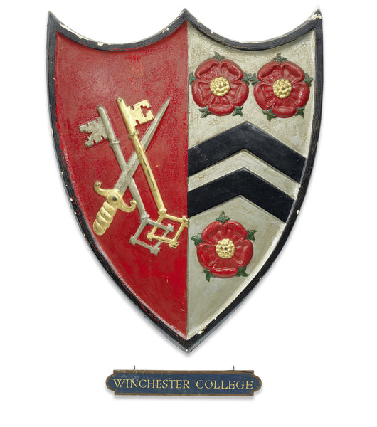 A large painted plaster and wood arms of Winchester College, early 20th Century