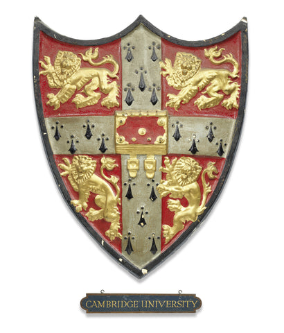 A large painted plaster and wood arms of Cambridge University, early 20th Century